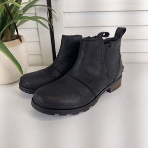 Sorel Black Emelie Chelsea Bootie Nubuck Leather Block Heel Slip On Boots Size 6